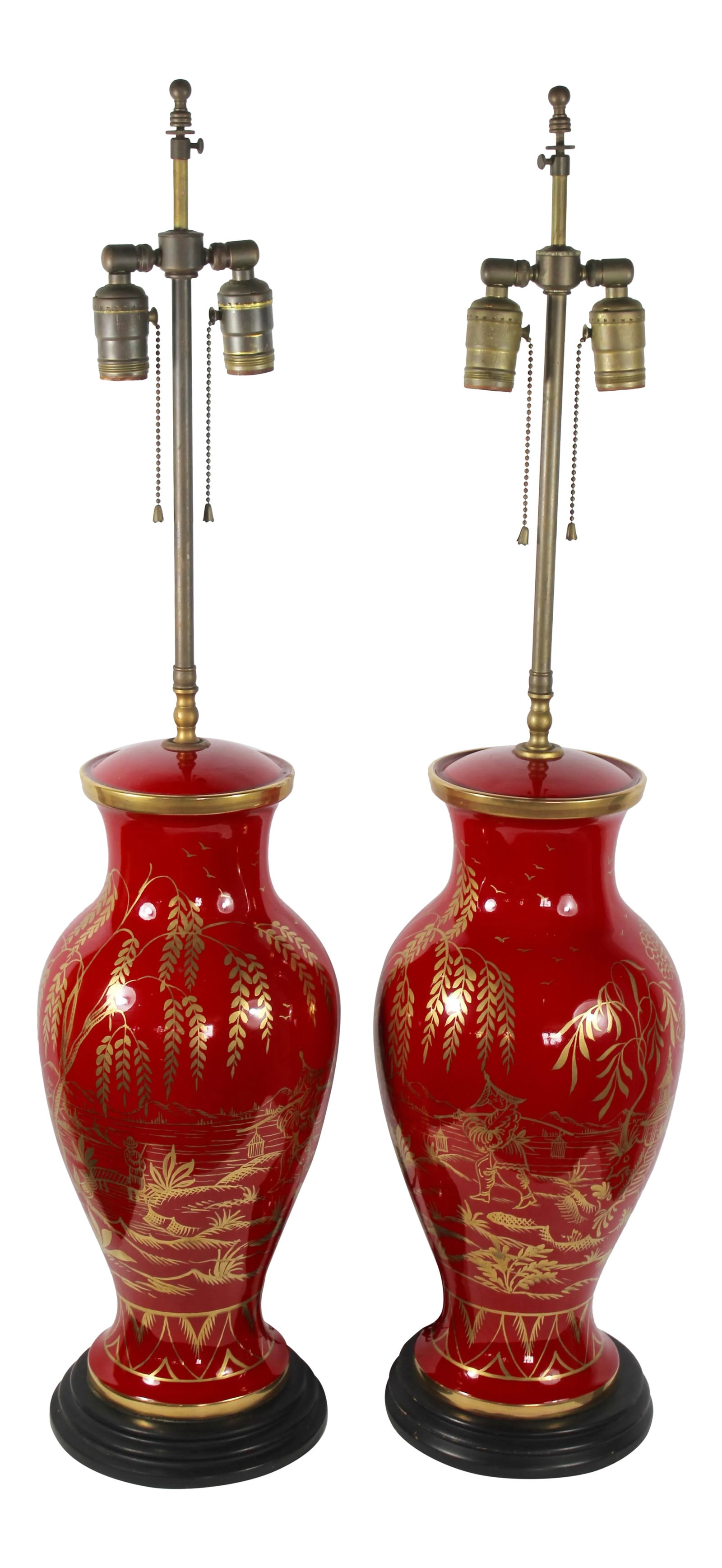 Maitland-Smith Asian Motif Lamps - A Pair: Maitland-Smith Asian Motif Lamps, Pair. These are in red lacquer and hand painted gold leaf on glass. They include original brass fittings and are in excellent condition with no chips or scratches.