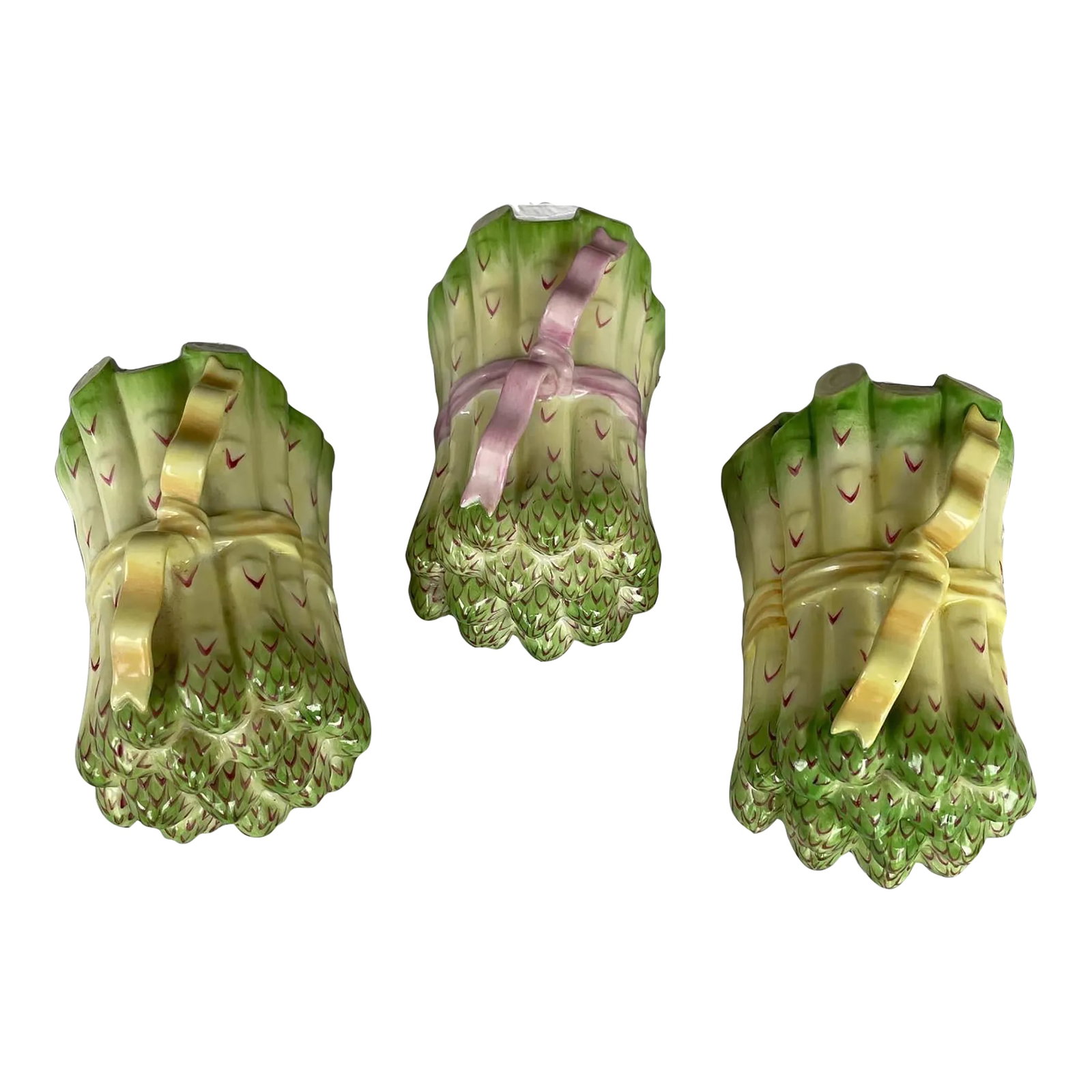 1960s Herend Porcelain Asparagus Boxes With Bows- Set of 3: Instant collection! These three asparagus bownd with ribbon are boxes by Herend. Each is beautifully hand painted. Two have yellow bows one pink. Condition: Alterations: Original Condition Unaltered I