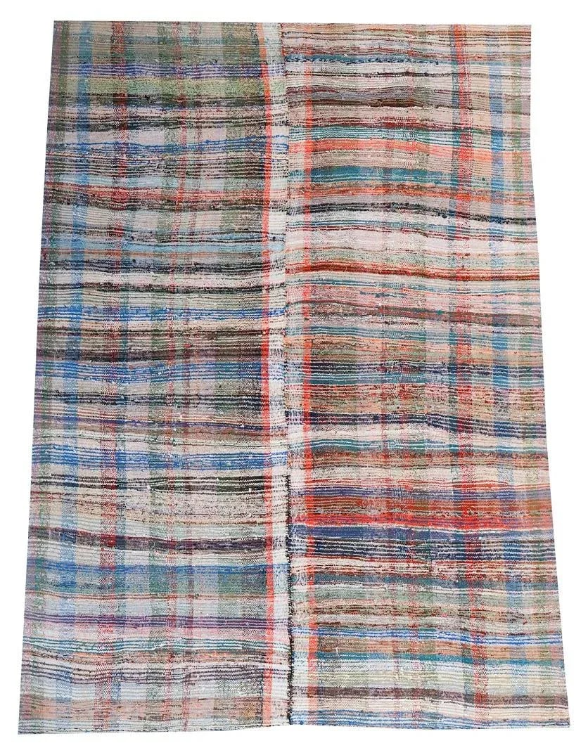 Modern Vintage Turkish Hand-Made Flatweave Kilim Rug - 7'3'' * 10'5'': Funky and Eclectic Hand-made modern Turkish flatweave, wool. This one of a kind piece that is used as a rug, or even table cloth, drapery, or upholstery. It's colors and patterns are reminiscent of to