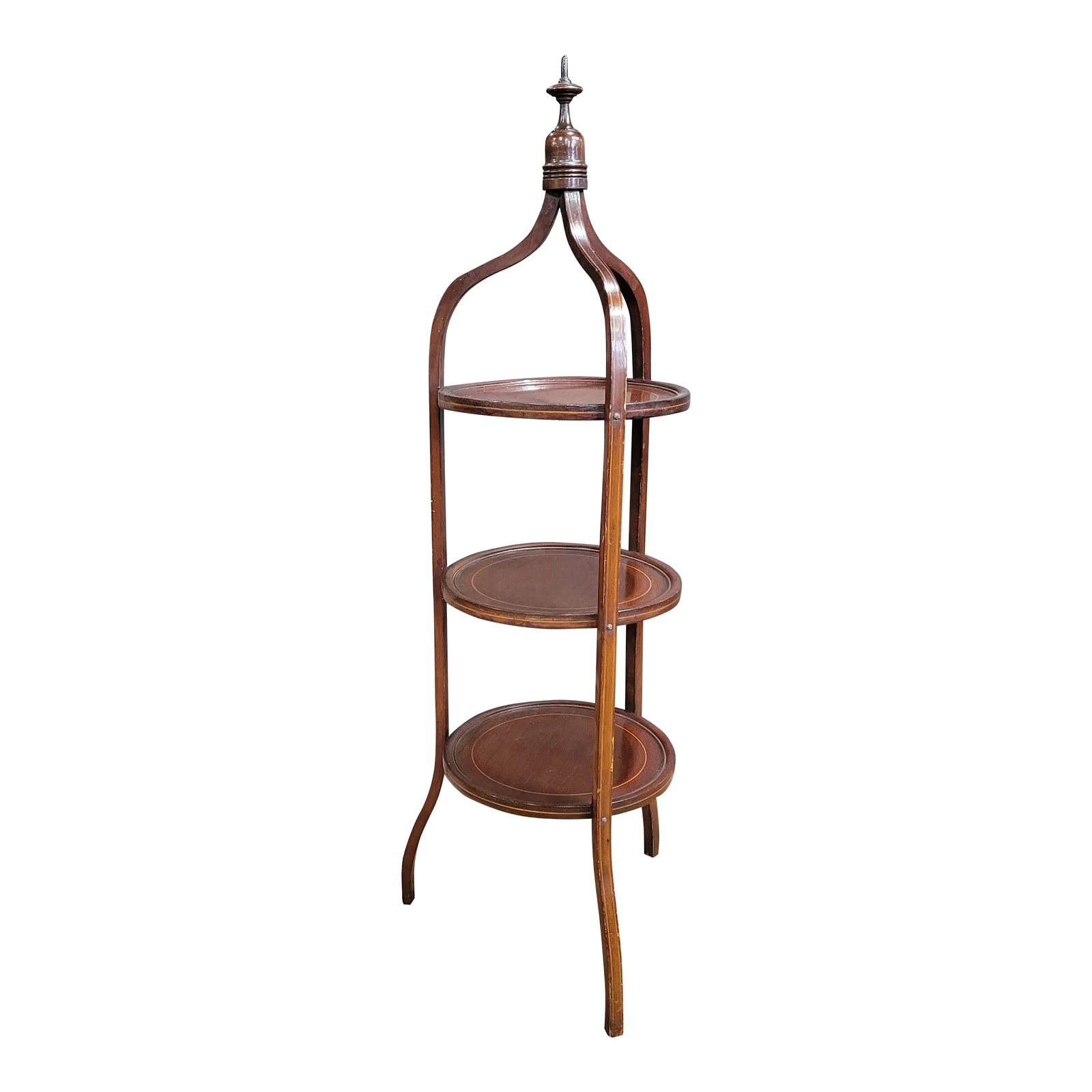 1910s Mahogany Inlaid Edwardian 3-Tier Stand: This unique shaped Mahogany Inlaid Edwardian 3 Tier Cake Stand with finial top would also work as a display piece or to serve refreshments at your next tea party or buffet style dinner. Condition: Alt