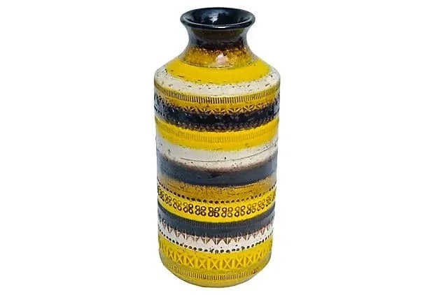 Rosenthal Netter Mid-Century Modern Ceramic Vase: A 1910-1950's Italian, Mid-Century Modern striped, earthen, textured and patterned vase. It has varying stamped geometric patterned stripes along with colored stripes and textured glazing. Overall it'