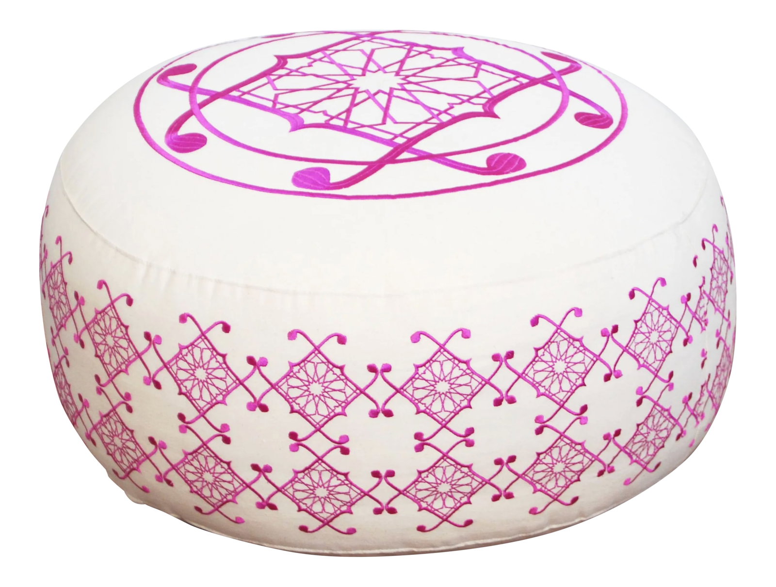Pink Selima Floor Pillow: Named after the embroiderer, these beautiful floor pillows are also available in custom colors. Covers have a zipper and are dry clean only. Condition: Condition Notes: Good - Moderate wear and tear,