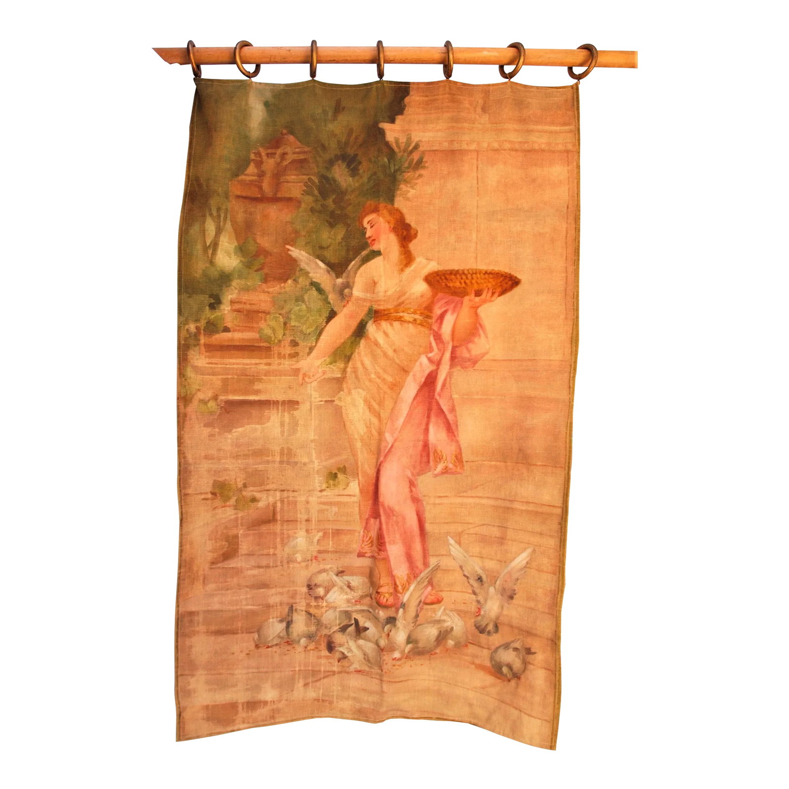 1900s Antique Hand Painted Hanging Tapestry Woman Feeding Birds: An antique hand painted hanging tapestry of an alluring woman feeding birds. Material appears to be a layer cotton. Drapery rings are at the top for handing. Measures 50" high and 31" wide. Good