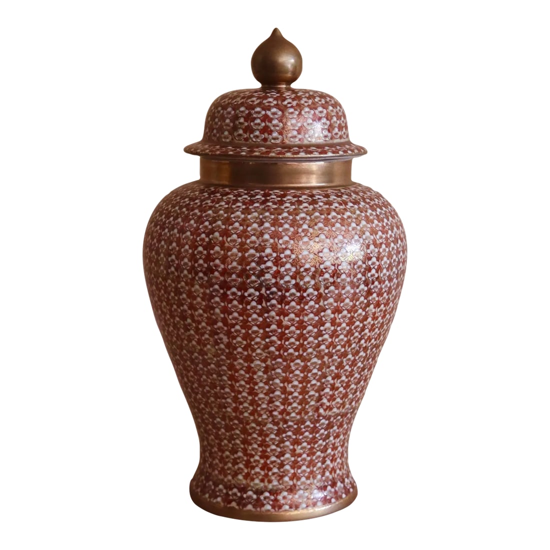 Large Tangerine Lidded Kutani Ginger Jar: Large Kutani ginger jar with classic hourglass silhouette. Hand-painted in vibrant hues of tangerine, gold, and white. Lid adorned with decorative teardrop handle in gold crackle glaze. Condition: