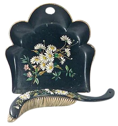 Antique English Papier-Mache Silent Butler: This antique, English, papier-mache silent butler and brush has a hand-painted floral design. Made out of paper and horsehair, this piece does not possess a maker's mark. The brush measures 13.5"L x