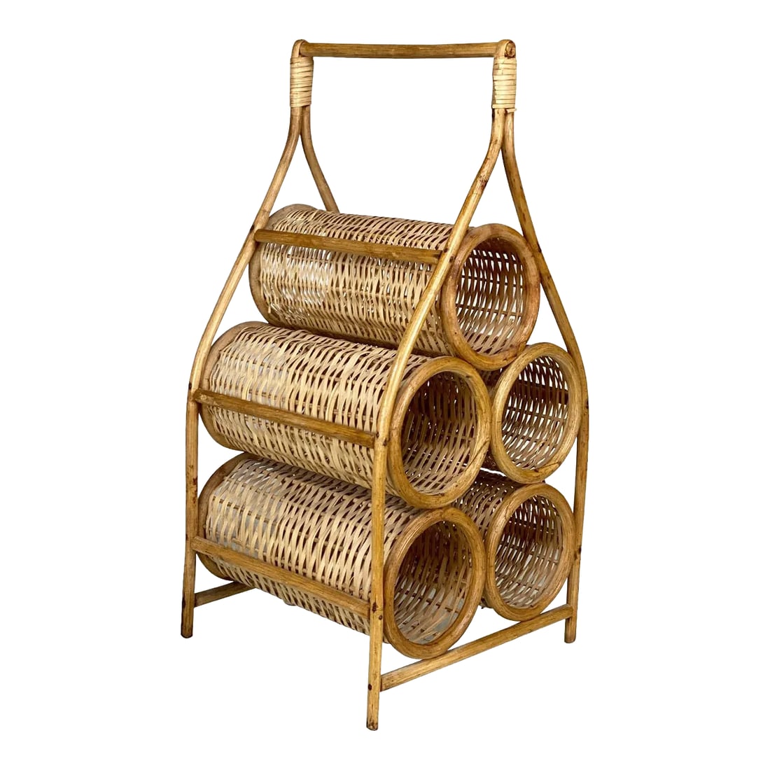 Vintage Boho Coastal Rattan Wicker Sculptural Wine Bottle Rack Holder: Vintage Boho Coastal Rattan Wicker Wine Bottle Table Top Holder, c.1970's - Pairs Nicely with Many Mid-Century & Coastal Inspired Interiors - Crafted of Natural Bamboo/Rattan with Natural Cane Accents