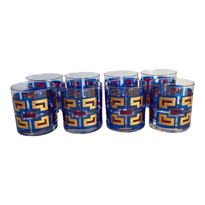 Vintage Berta Barware Greek Key Gold, Blue & Magenta MCM 60s Lowball Glasses - Set of 8 (1 of 9)