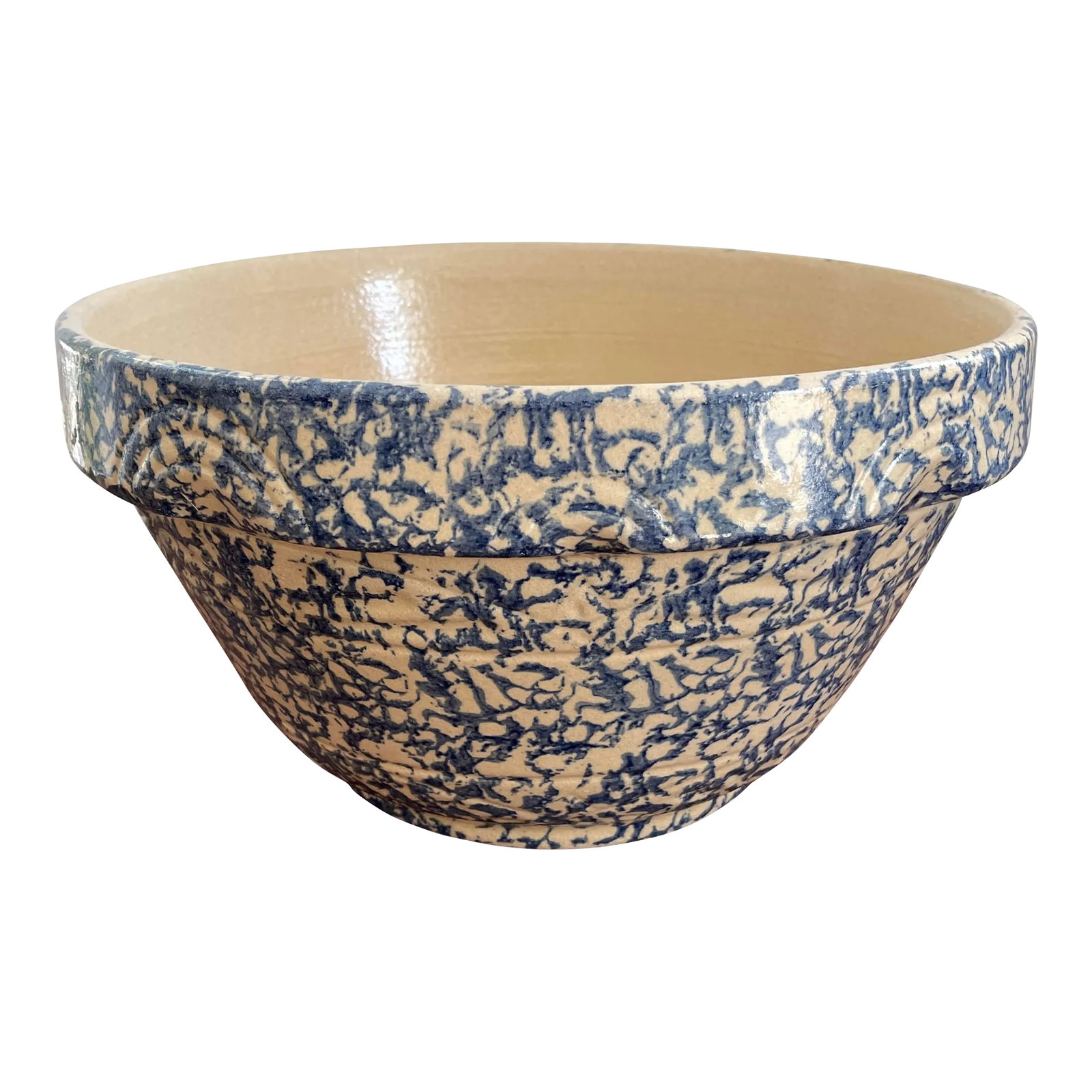 Large Vintage R R P Stoneware Bowl: Very large (14.25" round) stoneware bowl made in Roseville, Ohio by Robinson Ransbottom. Cream background with blue spongeware finish. There is a pattern also carved into the pottery. This is a heavy