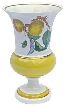 Vintage Porcelain Mottahedeh Fruit Vase: Vintage; 1910-1950, Italian, Mottahedeh, porcelain, urn vase depicting apple branch and grapes with yellow and gilt accents. Condition: minor edge chip. Marked: "VA, Vista Alegre, Portugal, For