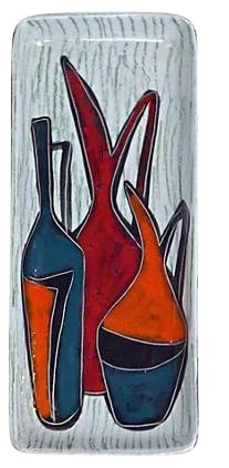 Mid-Century Modern Abstract Pitcher Tray: This Italian, Mid-Century Modern, ceramic tray was made between 1910-1950. The tray is depicting three abstract pitchers of varying shapes and style on a striped grey and white background. The