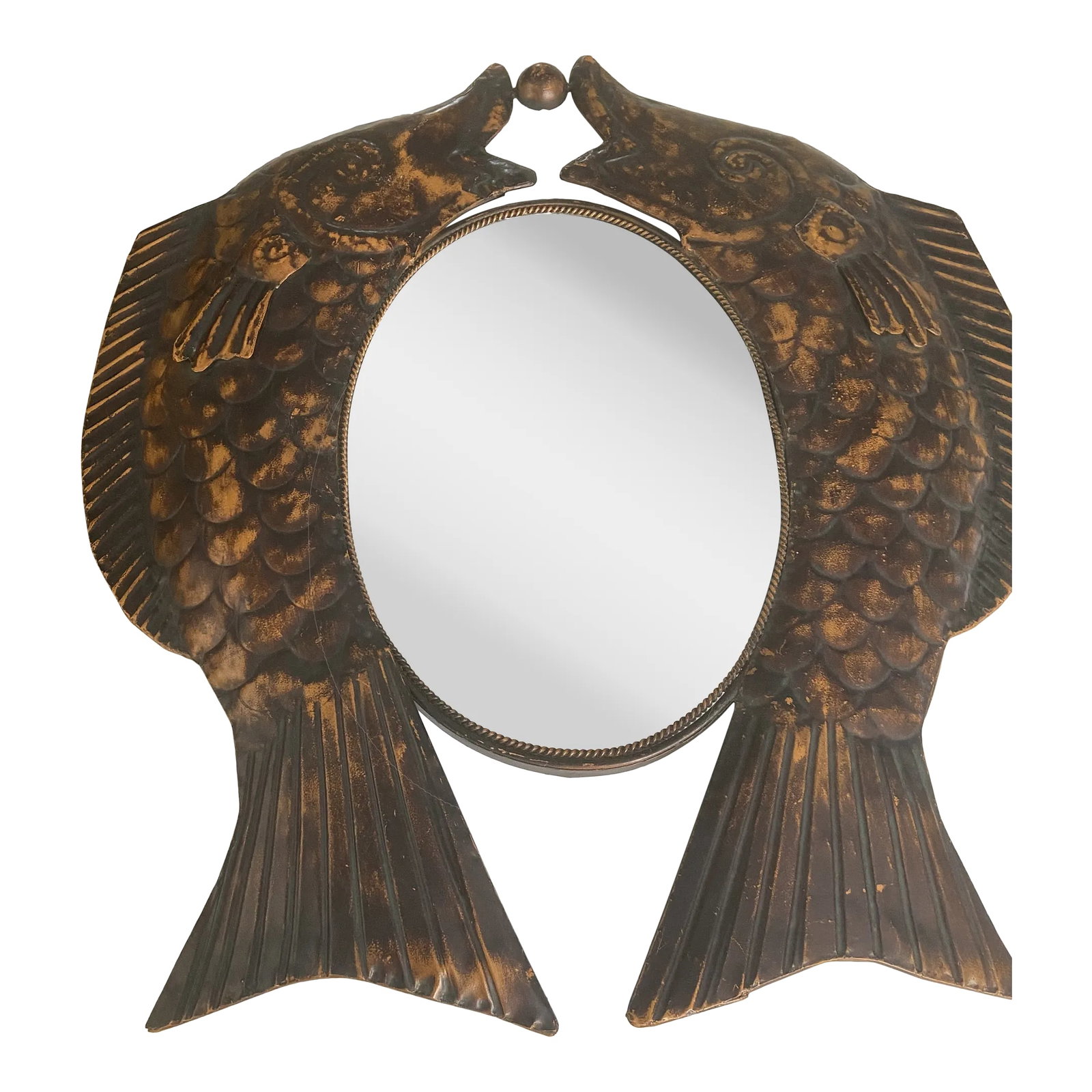 Maitland Smith Style Asian Koi Fish Metal Wall Mirror: Maitland Smith Asian Style KOI Fish Metal Wall Mirror Highly detailed In Copper style Colors Condition: Alterations: Unknown Imperfections: Needs Restoration Condition Notes: Minor age wear Pictures