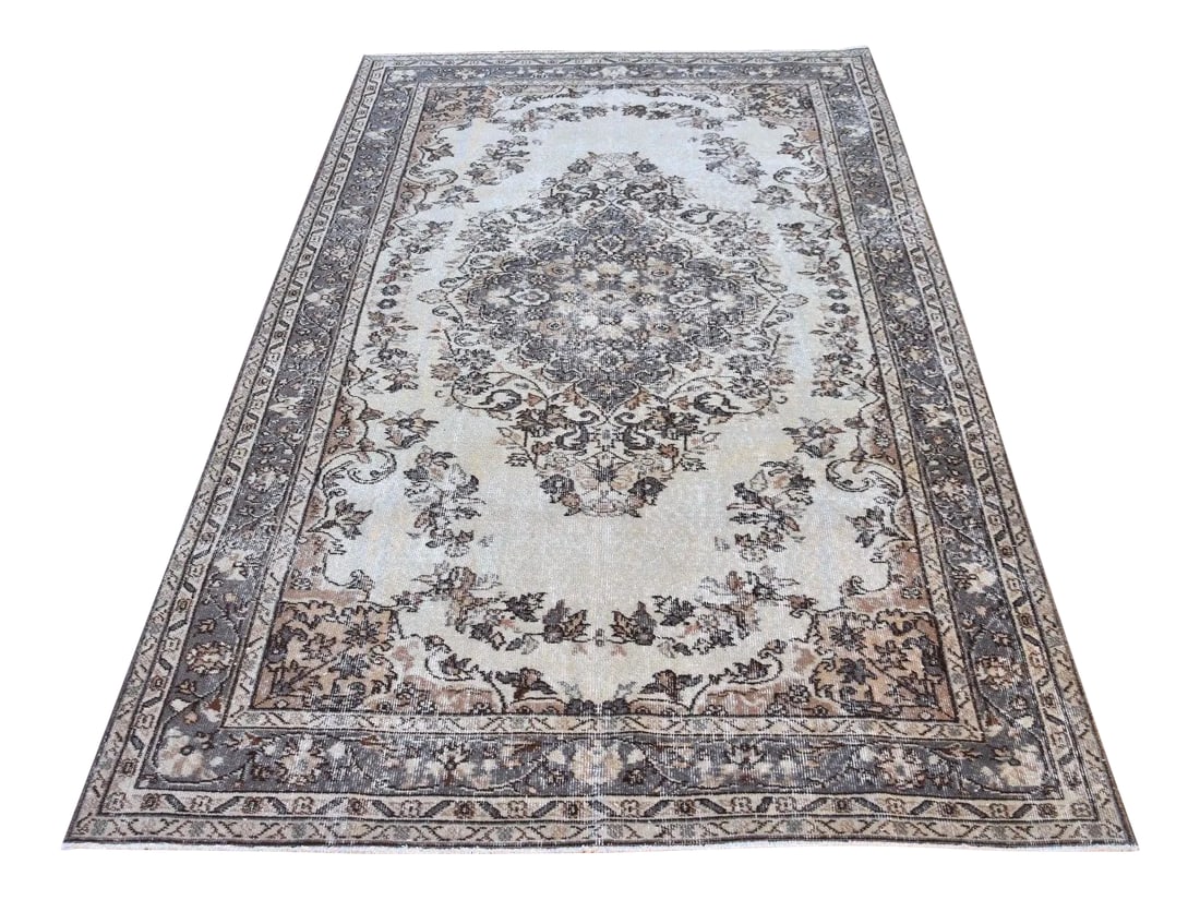 1960s Turkish Vintage Hand Knotted Floral Desing Oushak Area Rug: 5x9 feet Vintage Handmade Oushak Antique Floral Design Unique Hand Knotted Area Rug Color: Gray,Green,Antique White,Cream Size: 5.5 x 9.4 feet - 166 x 287 cm - 65 x 113 inches Material: 100% Wool