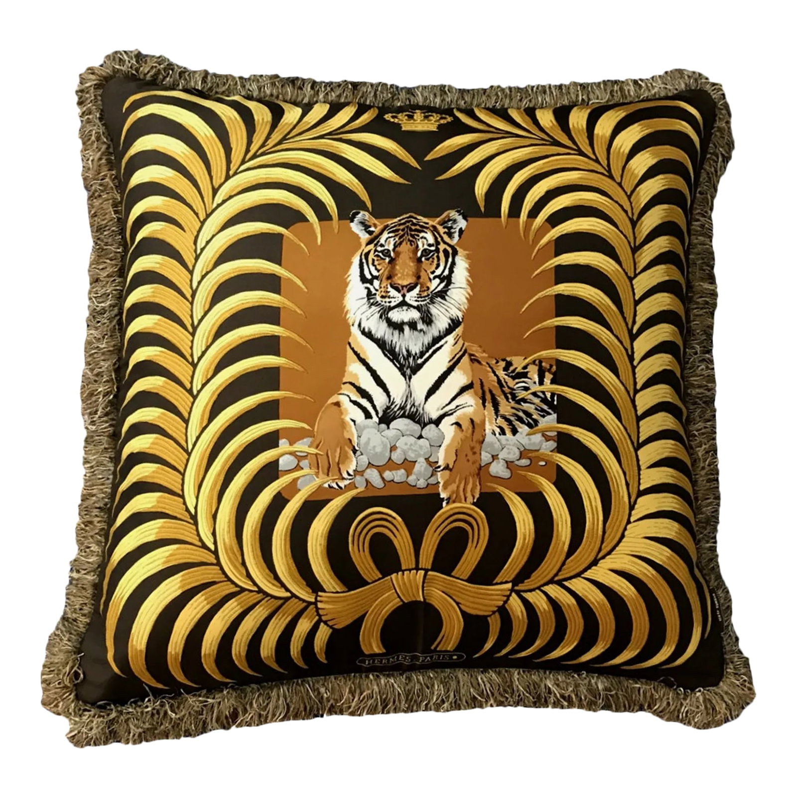 Hermes Tigre Royal Vintage Silk Scarf Pillow 28": Vintage finds exclusively ours. Our vintage Hermes silk scarf pillows are sustainably sourced, locally made with a history and story to be told. One-of-a-kind pillows reimagined from the world's