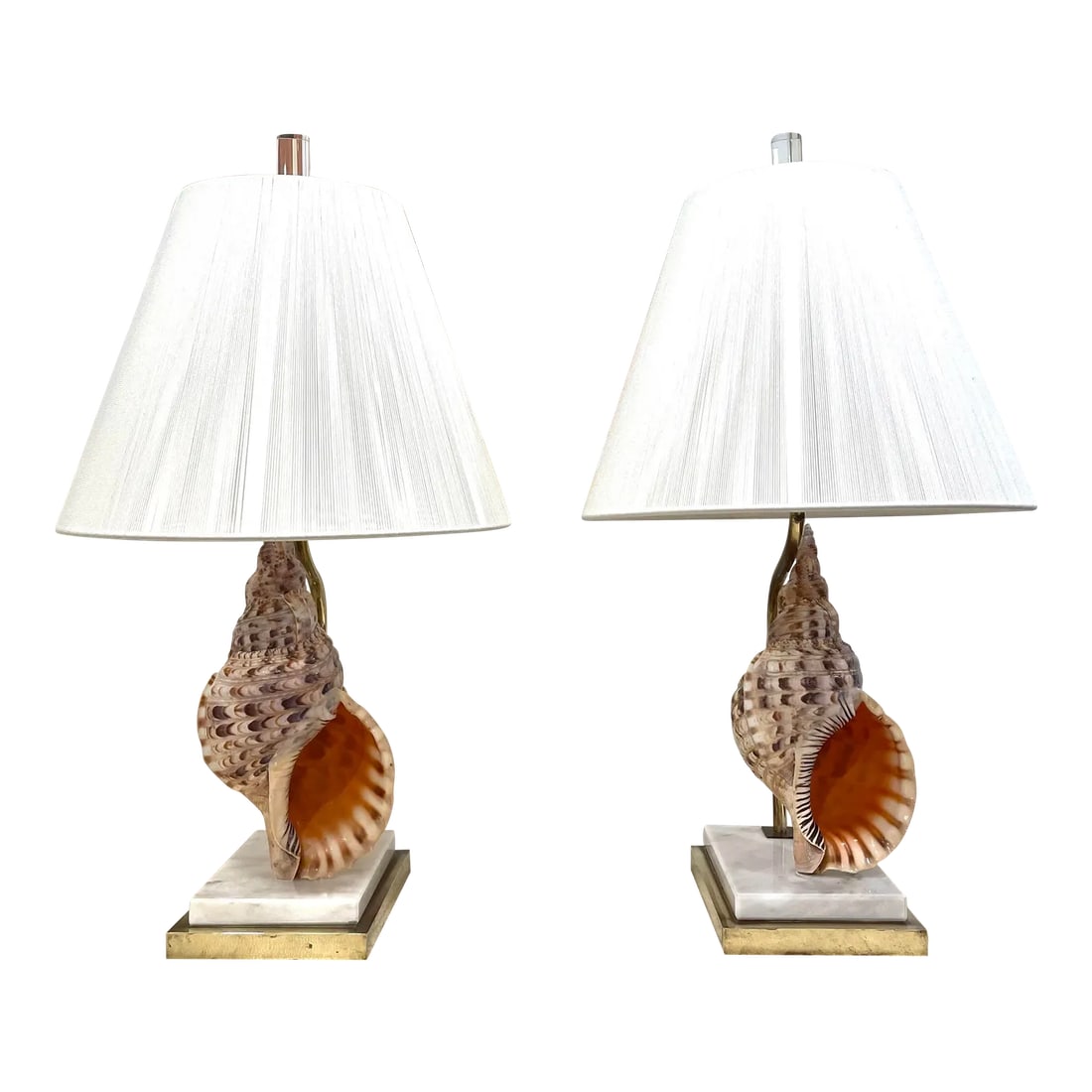 Vintage French Conch Shell Brass Marble Table Lamps - a Pair: Large conch shells drilled into brass and marble layered bases. Brass offset fixture pipe. New silk electric cords. Beautiful zebra like shading to the shells. Heavy! Shells measure around 6"W x 5"D