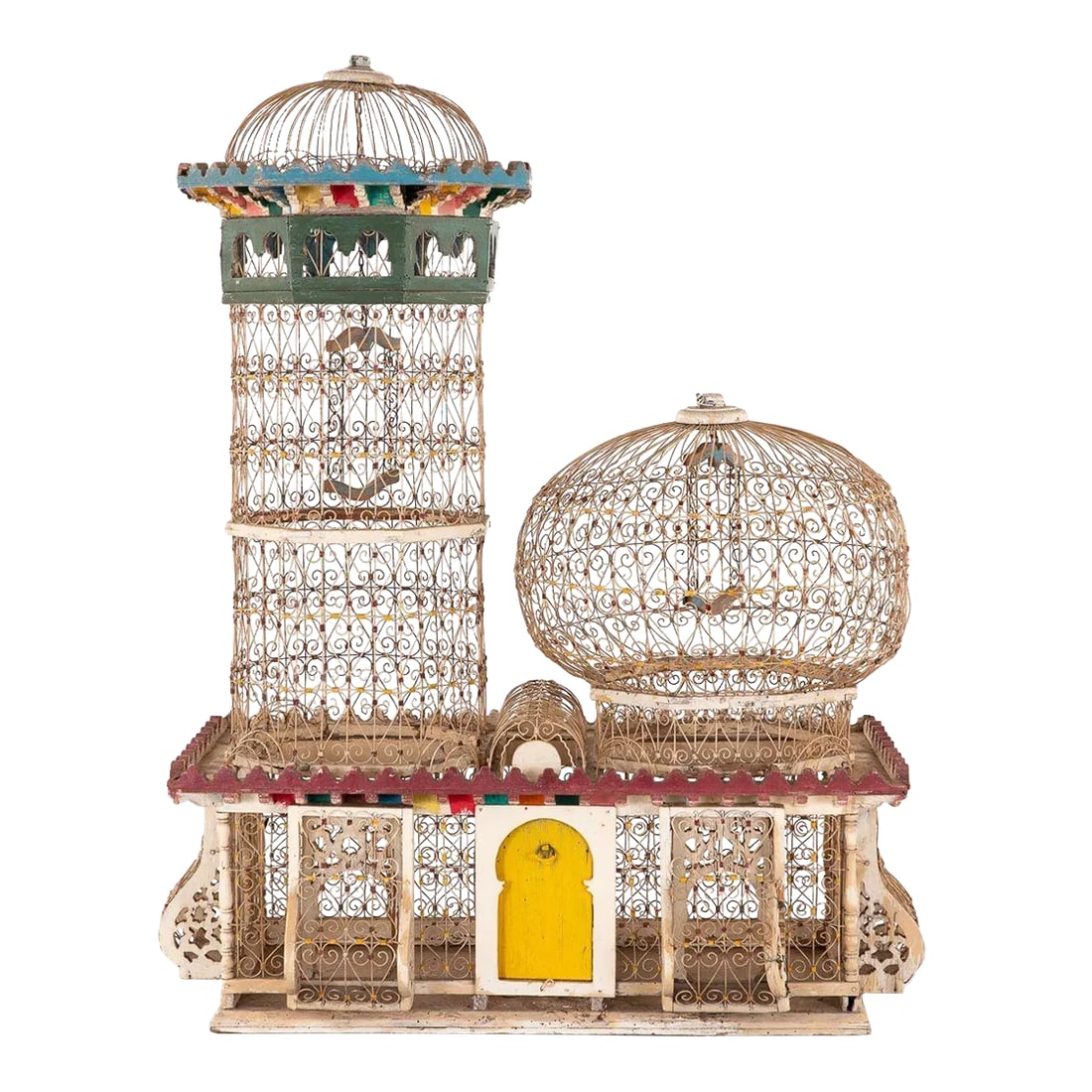 Polychrome Wire Birdcage, French 20th-Century: An ornate vintage polychrome wire birdcage featuring a yellow door and two towers. Wooden molding painted in brilliant colors surrounds the crest of the lower level and the taller tower. Each tower