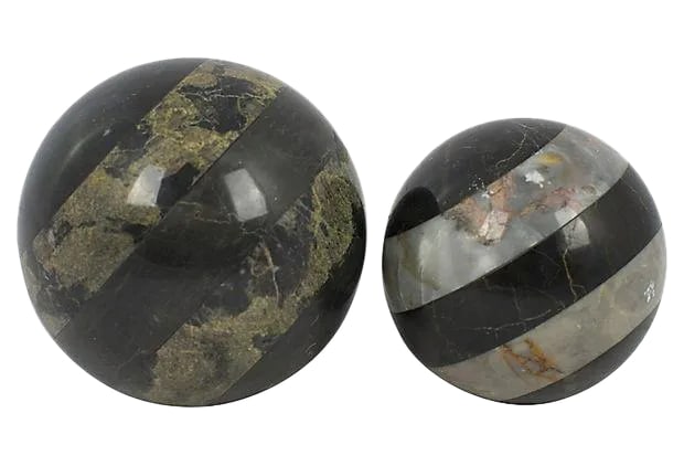 Mid-Century Marble Spheres - a Pair: Offered is a pair of tessellated marble spheres. No maker's marks. Large sphere, 3.5"Dia; Small sphere, 2.5"Dia. Condition: Alterations: Original Condition Unaltered Imperfections: Some Imperfections