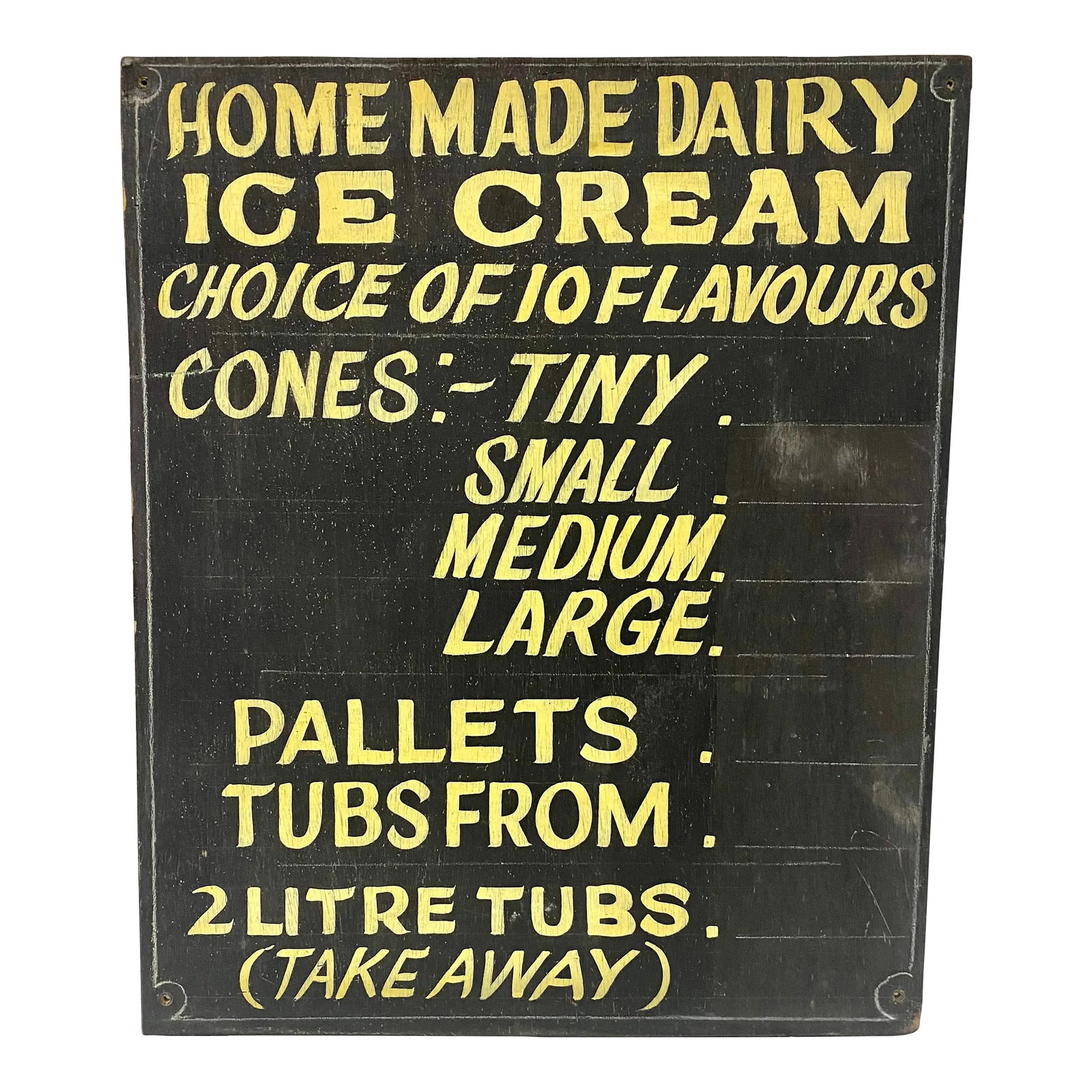 Vintage Hand-Painted Homemade Ice Cream Advertising Sign From England: Vintage Hand-Painted Homemade Ice Cream Advertising Sign From England. Measures 19" W x 22 1/2" T x 1/4" D Condition: Alterations: Original Condition Unaltered Imperfections: Some Imperfections