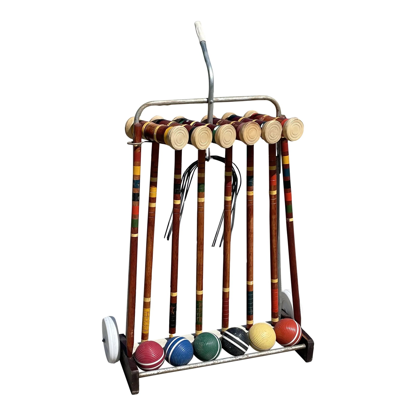 Croquet Set With Cart: Six player Croquet Set With Cart. Paint loss and rust present. Condition: Alterations: Original Condition Unaltered Imperfections: Some Imperfections Condition Notes: Wear consistent with age and