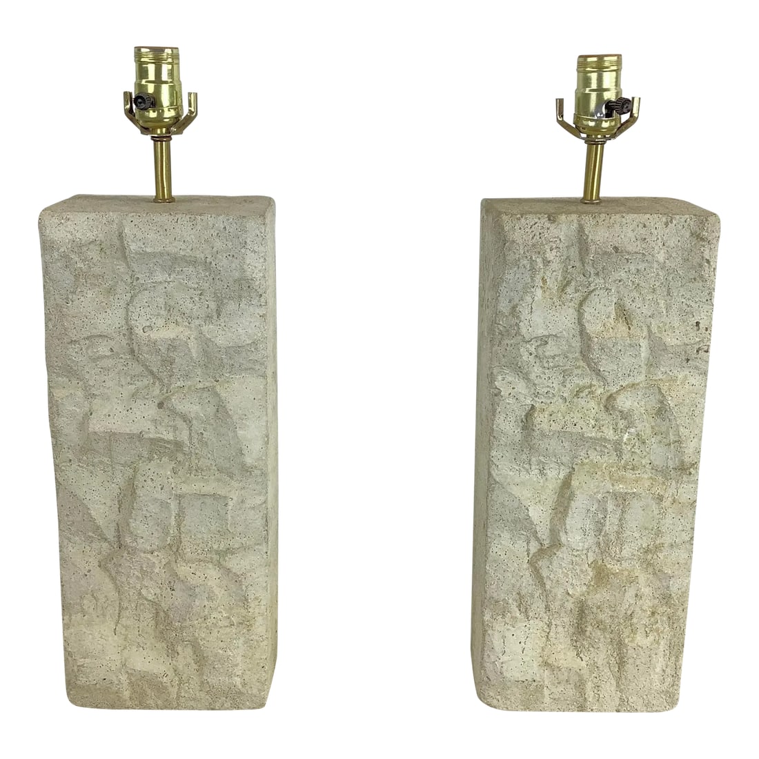 Pair Vintage Modern Concrete Table Lamps: This striking and HEAVY pair of vintage modern table lamps feature textured concrete construction with clean modern lines. The substantial pair of vintage stone table lamps make an impressive