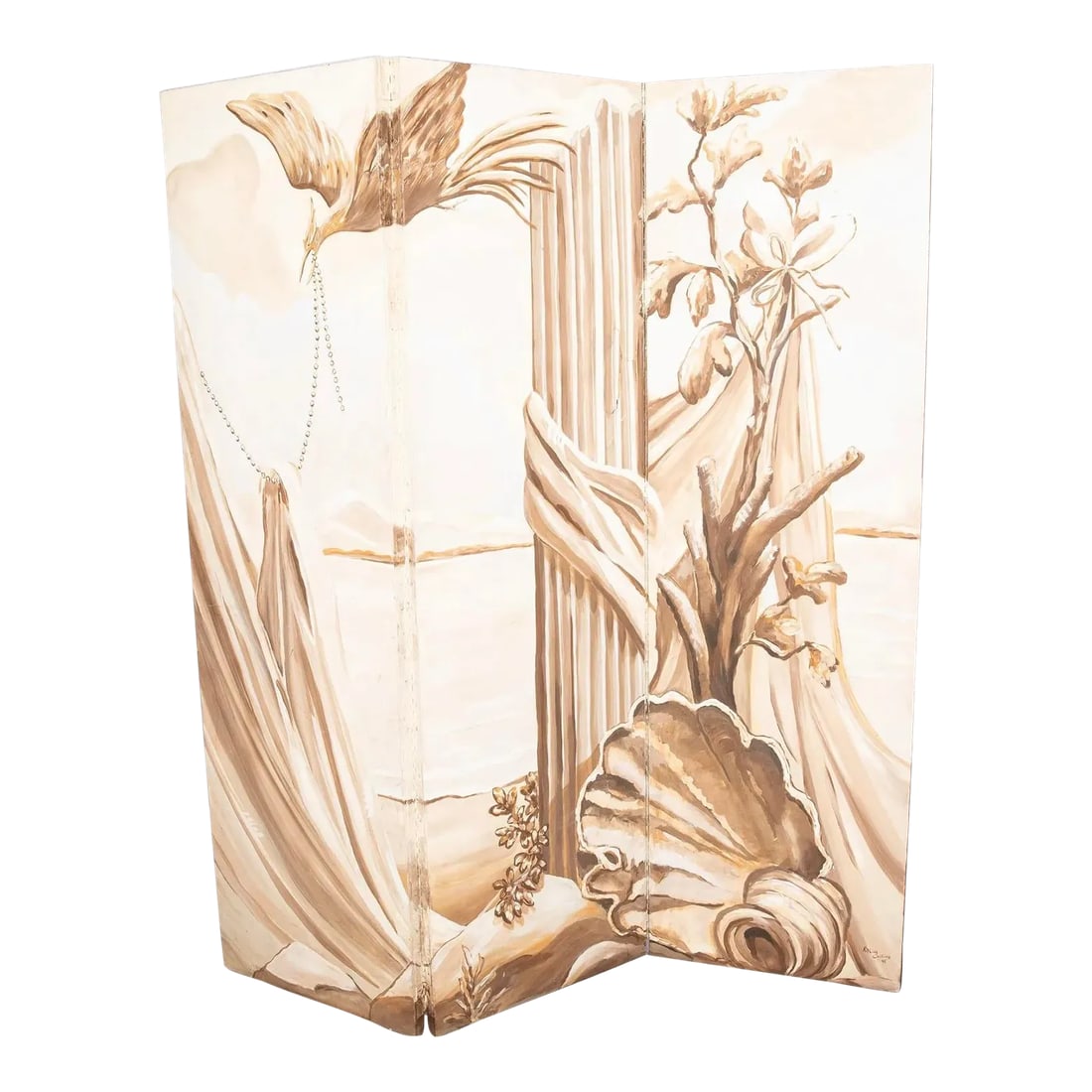 Kipling Collins Neoclassical Decorative Monochrome Three Panel Hand Painted Screen: Elegant neoclassical hand-painted screen room divider in beige monochrome. Features a Phoenix bird flying amongst the clouds carrying a strand of pearls, a Roman ionic column plinth draped in cloth, c