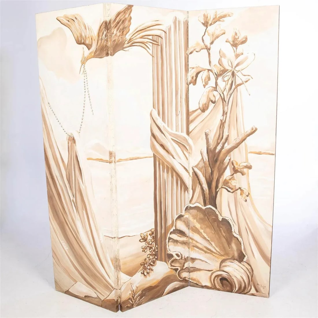 Kipling Collins Neoclassical Decorative Monochrome Three Panel Hand Painted Screen - 8
