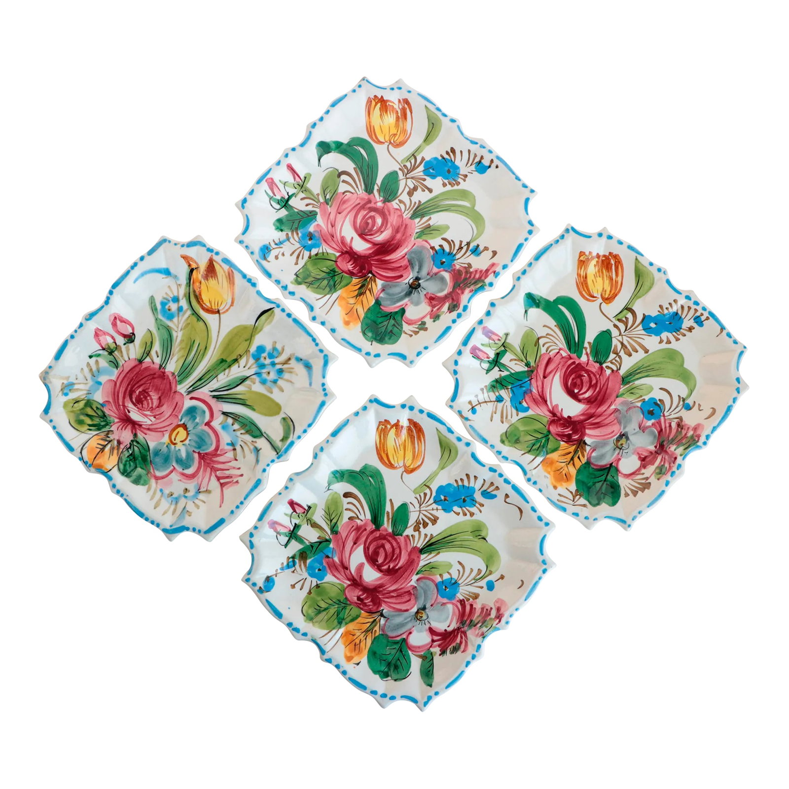 Italian Faience Nove Rose Square Plates - Set of 4: Mid 20th century hand decorated plates, each featuring a Renaissance Revival Rose pattern and scalloped edges. Marked 'MADE ITALY' on the verso. Condition: Alterations: Original Condition Unaltered