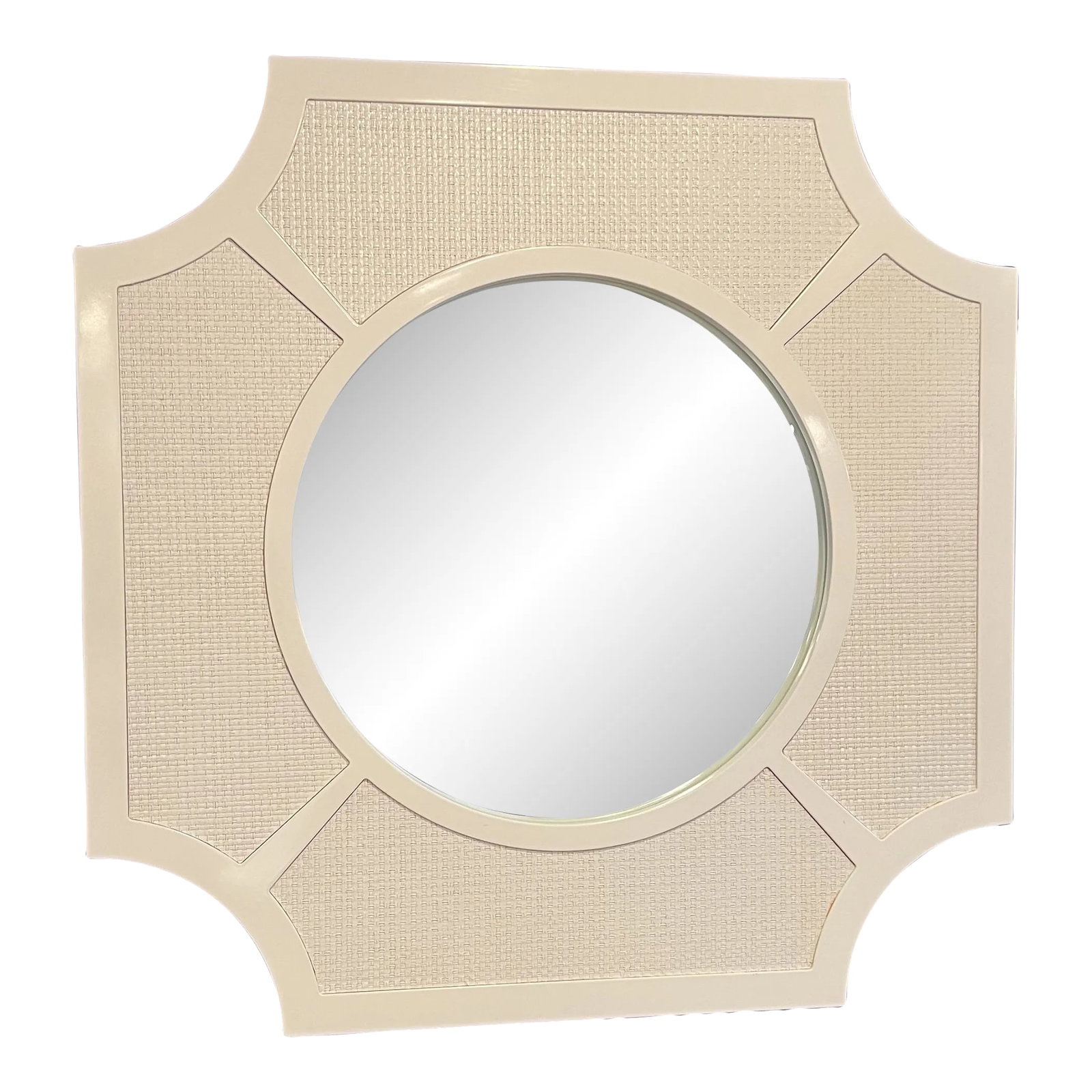 Contemporary Oomph Home Lyford Mirror: Oomph Home Lyford Mirror in White Dove with Faux White Painted Raffia Inset Detail. Condition: Imperfections: No Imperfections Origin: United States Creator: Brand: Oomph Materials & Techniques: