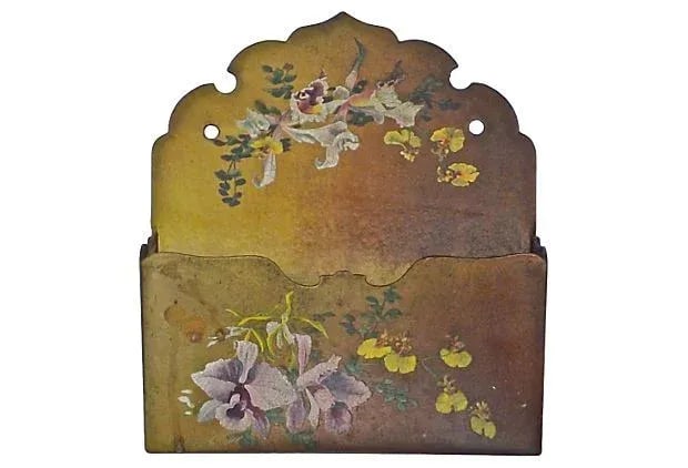 Antique French Papier-Mache Floral Wall Pocket: This antique, 19th century, French, papier-mache, wall pocket has a hand-painted floral decoration. Made out of paper and paint, the piece shows some age discoloration and wear. No maker's marks.