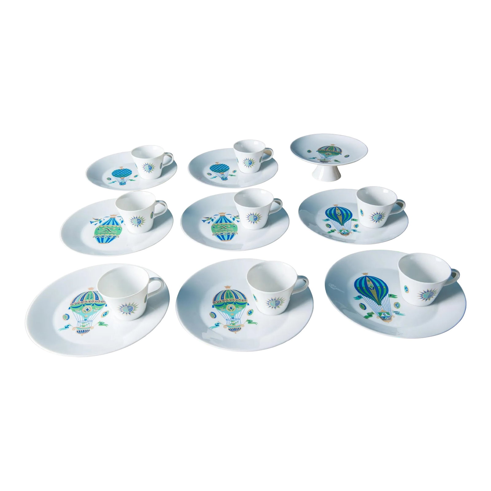 Briard Hot Air Balloon Cup & Plate Dessert Set with Cake Plate - 17 Pieces: Georges Briard Hot Air Balloon dessert or snack set with matching footed serving plate. Service for 8. There are 4 different fanciful balloon styles. Each plate has circular depression for the cup.