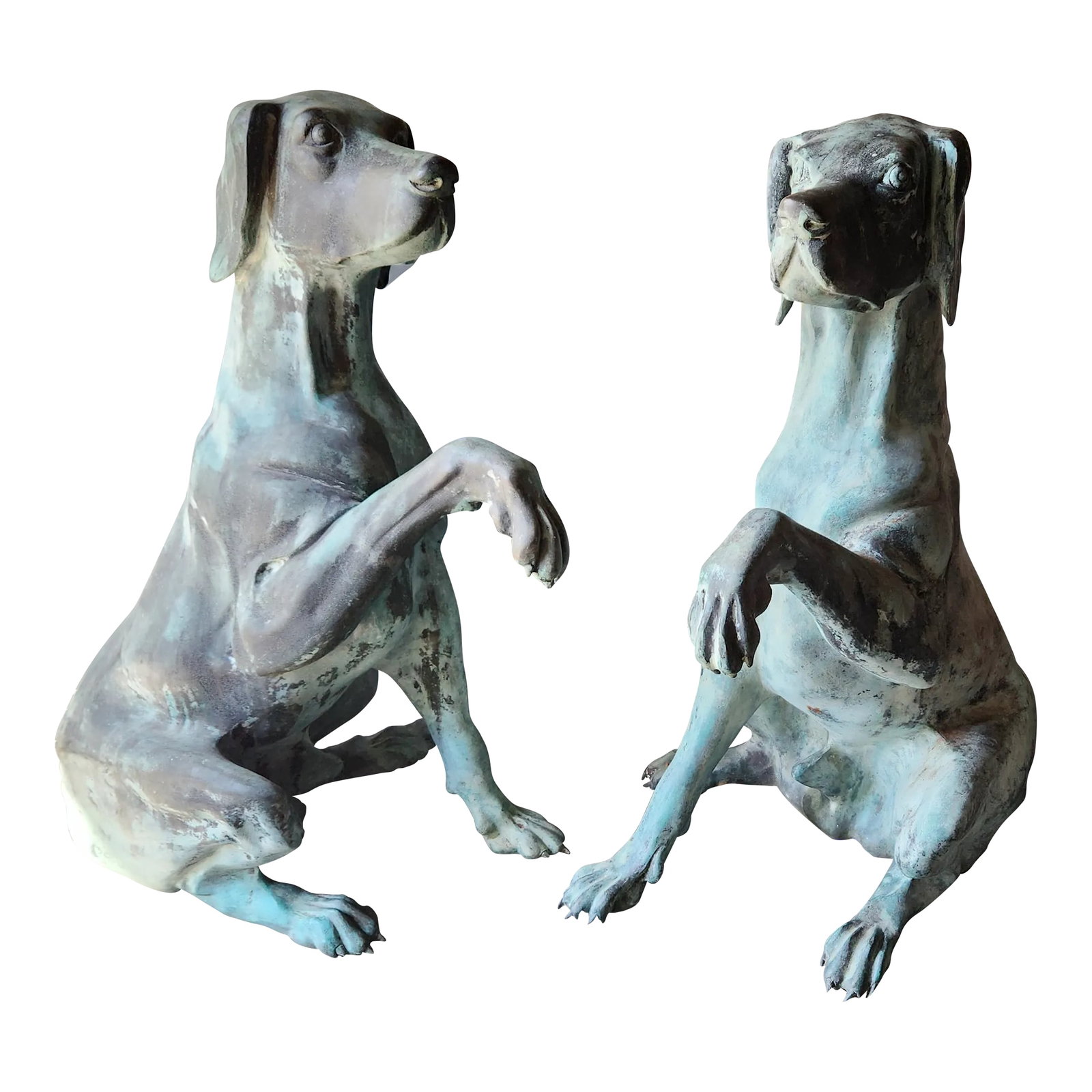 Mid 20th Century Large Realistic Bronze Hound Dogs - a Pair: Large Realistic Bronze Hound Dogs - a Pair, Great Lawn Display sold as found without damage with great patina Condition: Alterations: Original Condition Unaltered Imperfections: Some Imperfections