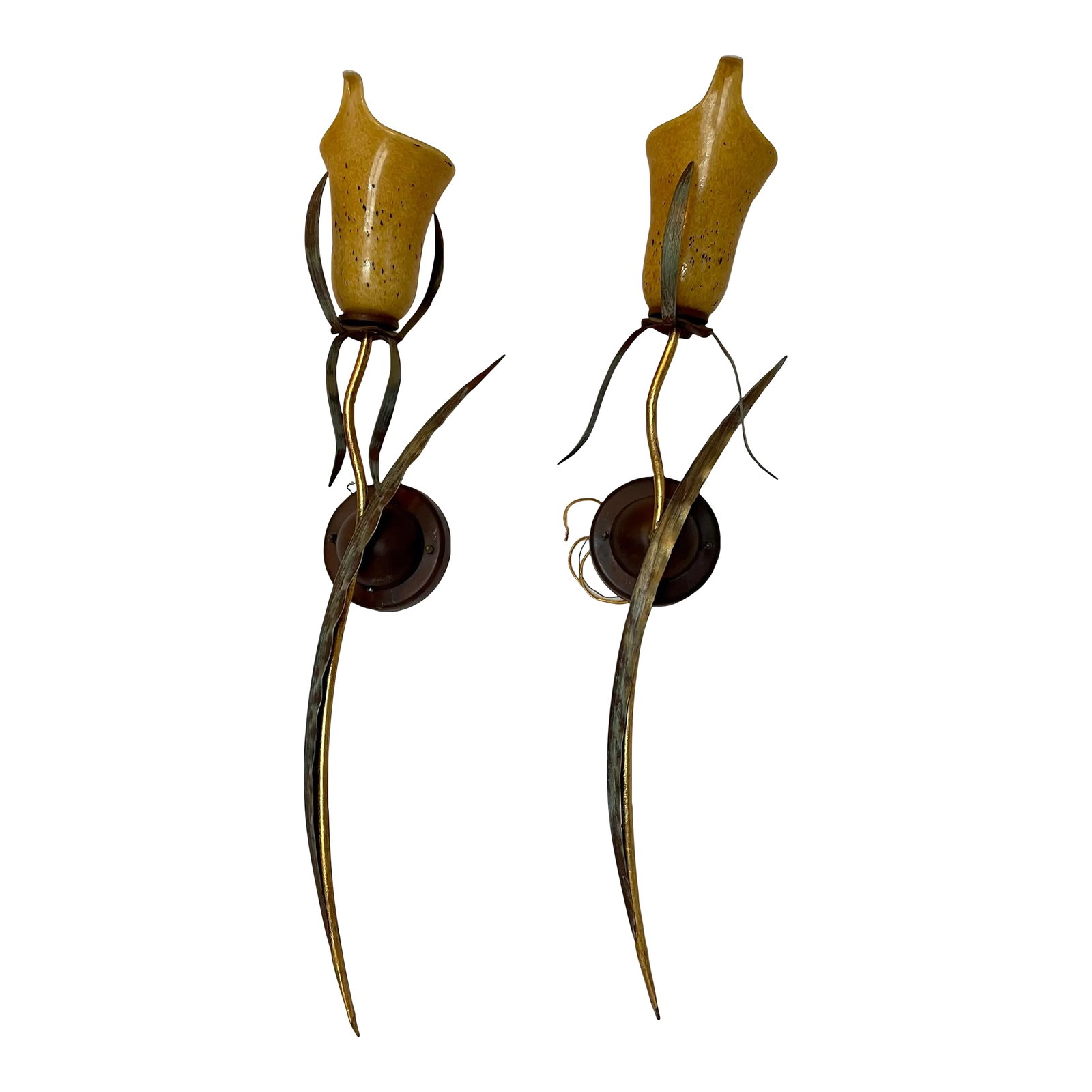 Contemporary Hollywood Regency Murano Glass Floral Wall Sconces - Set of 2: This life-like depiction of intertwined floral style is part sconces work of art. These beautiful art pieces are the lustrous bronze and gold metal work finishes perfectly complement the floral