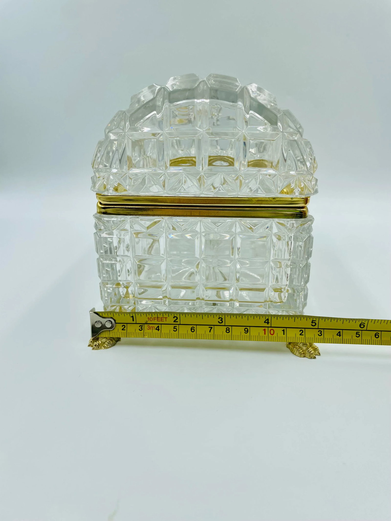 Large Mid 20th Century Domed Crystal & Gold Plated Clawfoot Box - 11