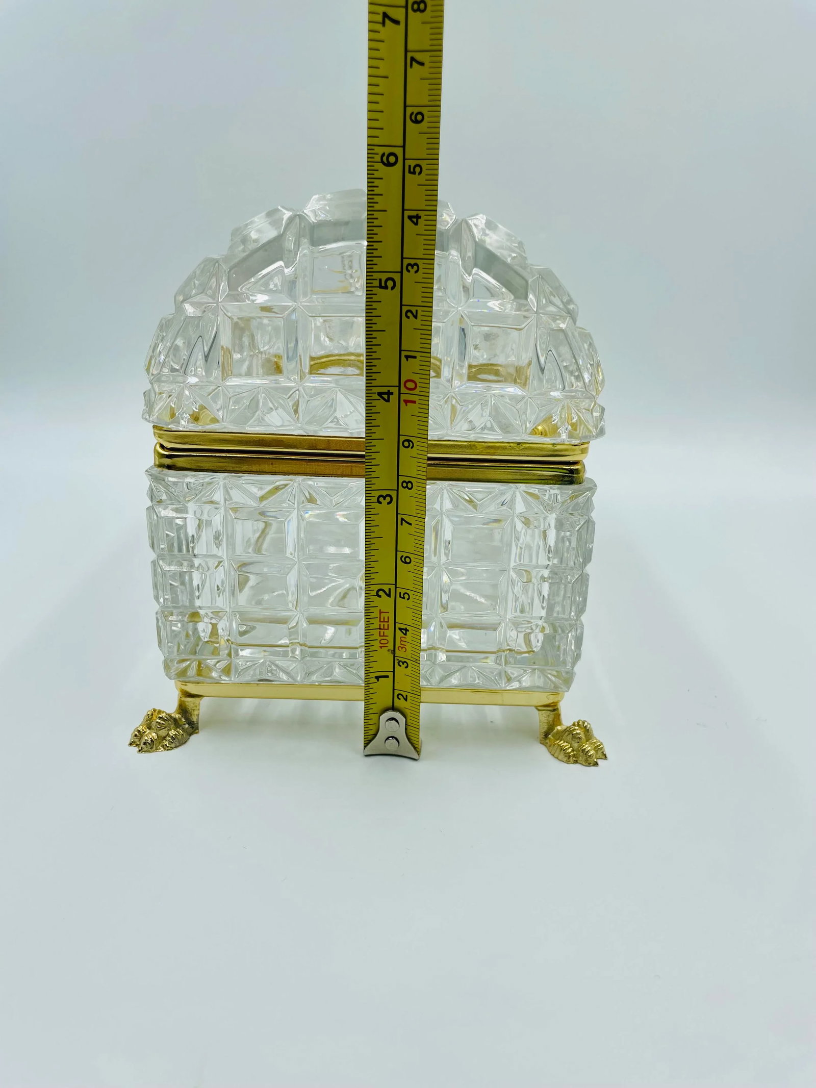 Large Mid 20th Century Domed Crystal & Gold Plated Clawfoot Box - 12