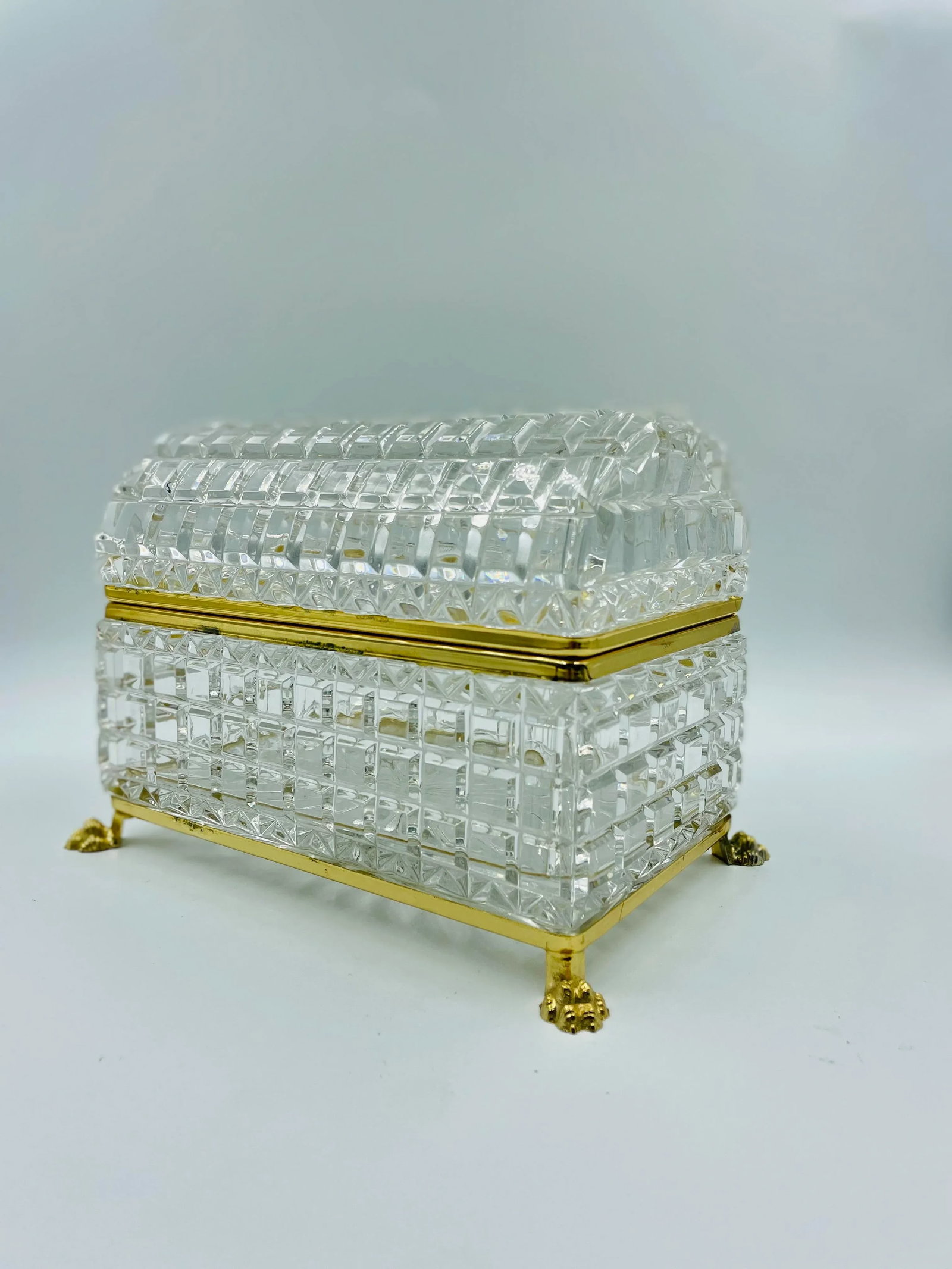 Large Mid 20th Century Domed Crystal & Gold Plated Clawfoot Box - 13