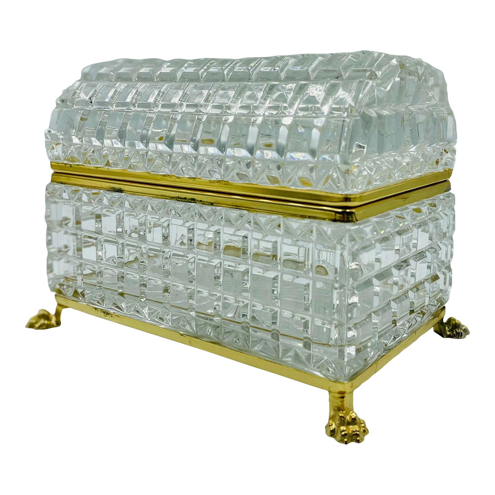 Large Mid 20th Century Domed Crystal & Gold Plated Clawfoot Box: This absolutely stunning treasure box is the height of opulence and elegance! From the larger scale to fantastically faceted pattern of the crystal and domed lid, all of which catch the light
