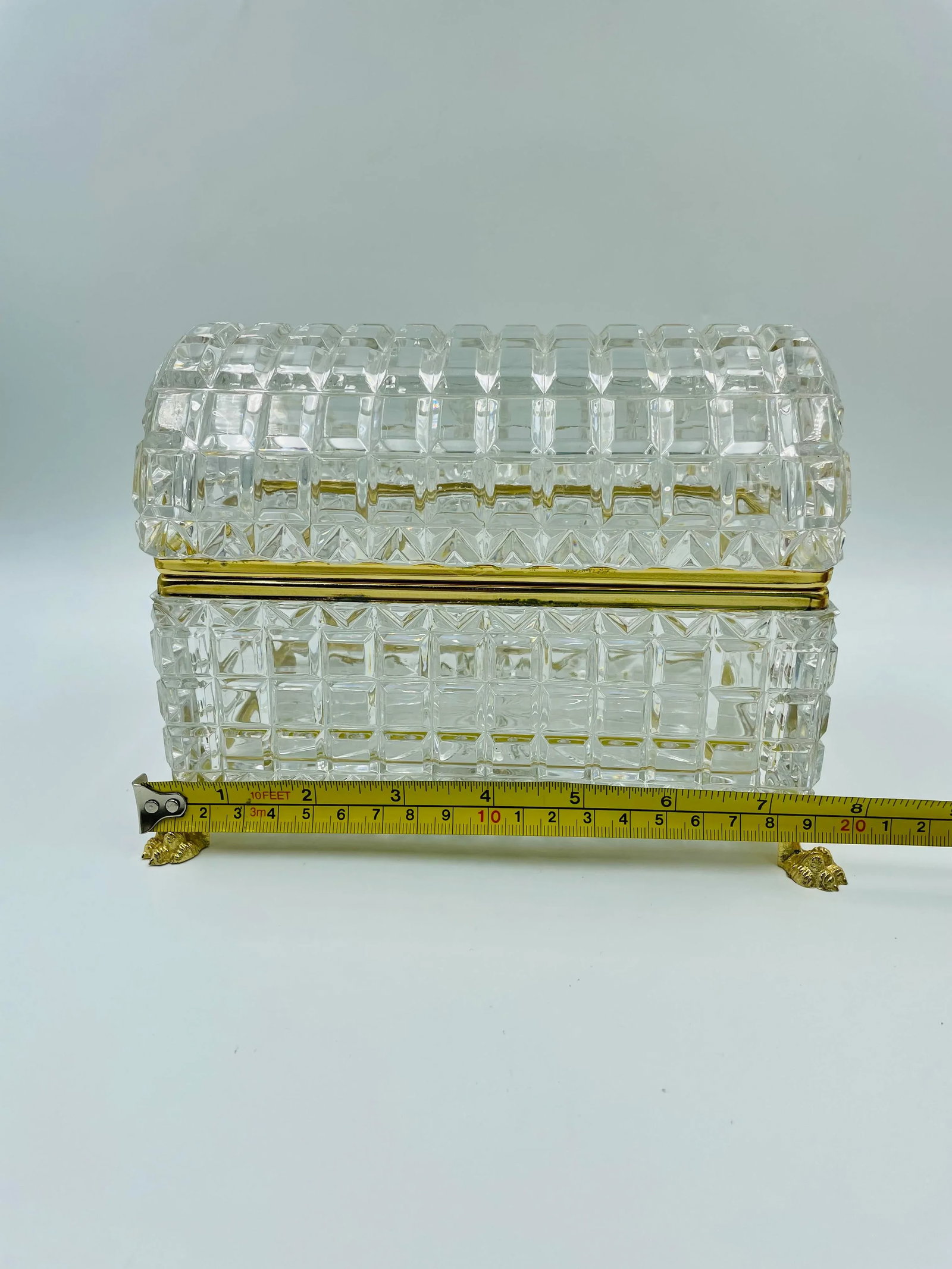 Large Mid 20th Century Domed Crystal & Gold Plated Clawfoot Box - 9