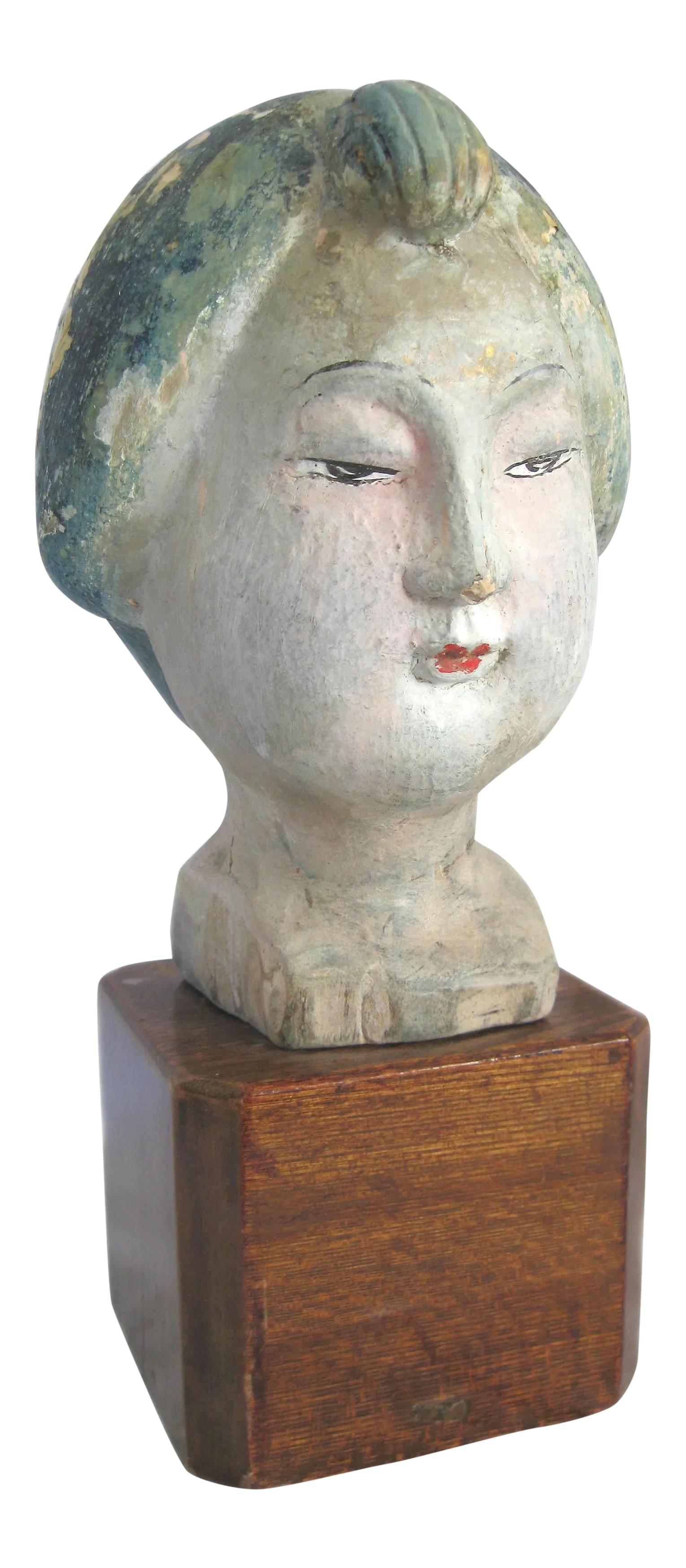 Hand-Carved Asian Head on Wood Stand: Rare, hand-carved Asian head displayed on a wooden stand. 10.5" H x 5" W H6 Condition: Alterations: Original Condition Unaltered Imperfections: Some Imperfections Condition Notes: Good - in antique