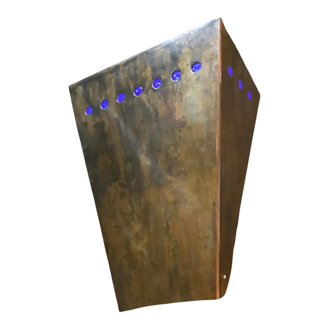 1950s Copper & Cobalt Blue Glass Arts & Craft Style Single Wall Light Sconce Made in Miami: Made in Miami by The Studio of Lighting, this decorative Modern Sconce will add an luxurious accent to your Arts and Craft / Deco inspired home or even to your get away rustic cabin. The design in