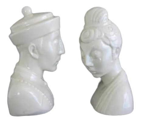 Mid-Century James Mont Style Chinoiserie Blanc De Chine Style Ceramic Busts - A Pair: A stunning pair of midcentury james mont style chinoiserie blanc de chine look ceramic busts. Unsigned but still fabulous and of the period. Condition is mint, there are no chips, cracks or scrapes.