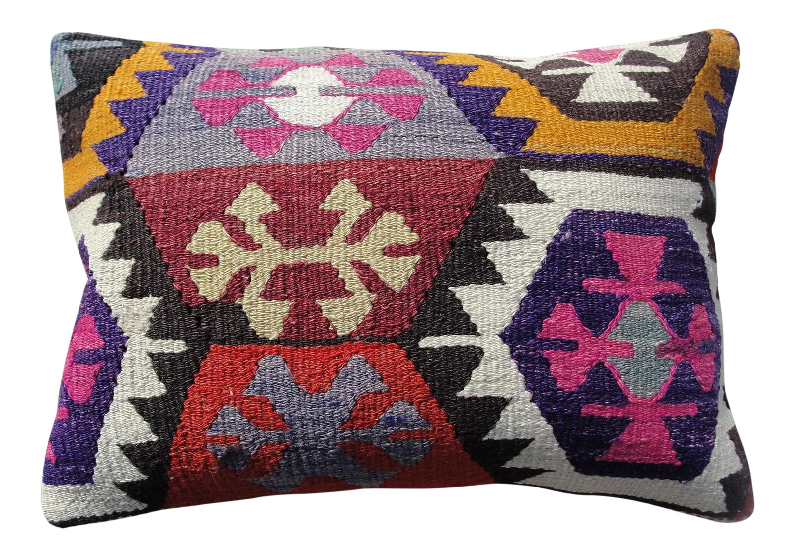 Kilim Rug Pillow: Kilim Rug Pillow Made from old turkish kilims Back side cotton and has closed with a solid hidden zipper size:14" x 20" It is ready to use. The colors come from vegetable dyes. less less Condition:
