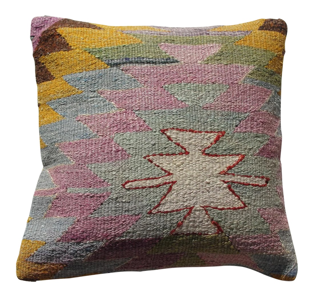 Kilim Rug Pillow: Made from old turkish kilims Back side cotton and has closed with a solid hidden zipper size:16" x 16" It is ready to use. The colors come from vegetable dyes. less less less less less less less