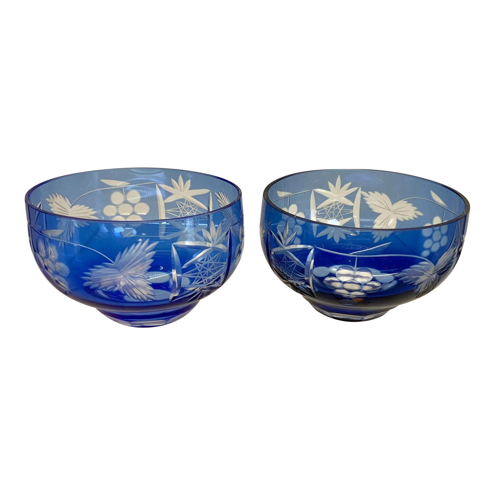 Pair of Vintage Bohemian Blue Cut Glass Bowls: Pair of pretty hand cut cobalt blue to clear bohemian bowl Condition: Alterations: Original Condition Unaltered Imperfections: Some Imperfections Condition Notes: Minimal wear on bottom. Origin: