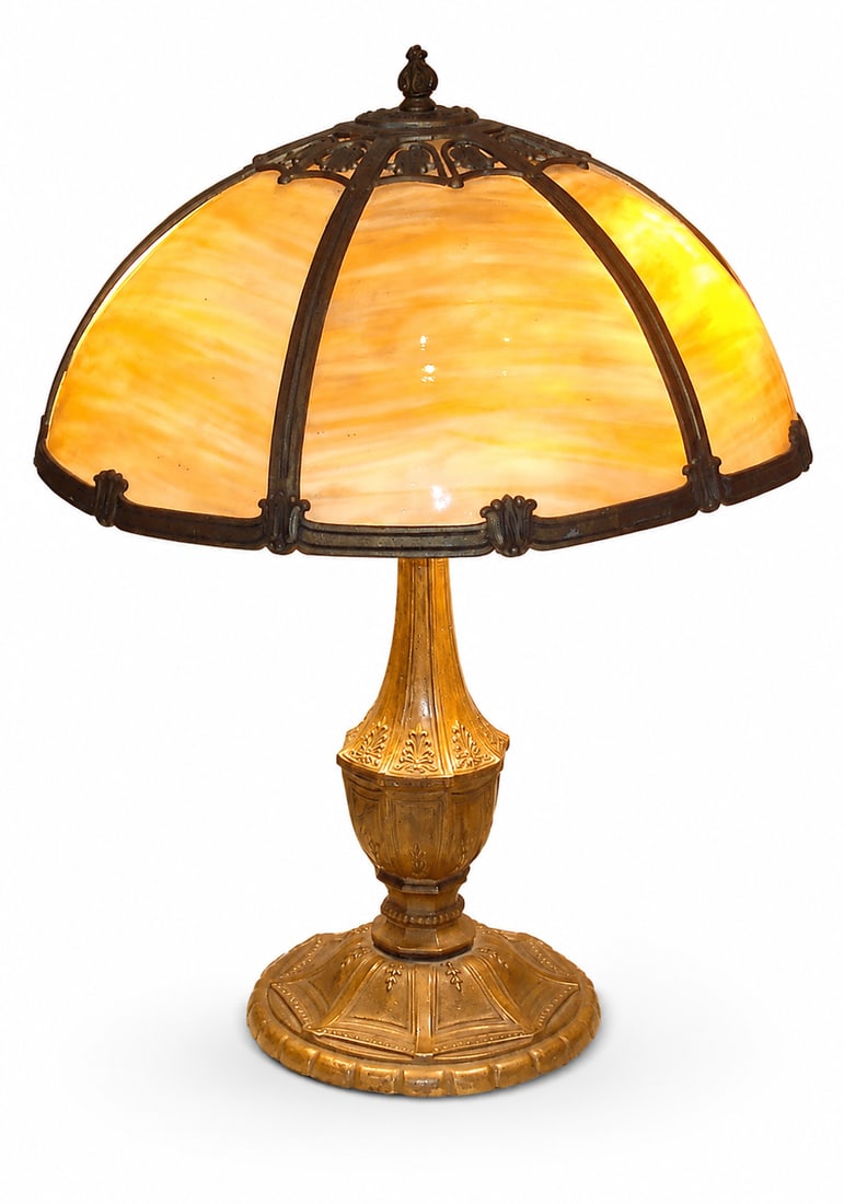 Vintage Amber Slag Glass Table Lamp With Ornate Metal Base - 2