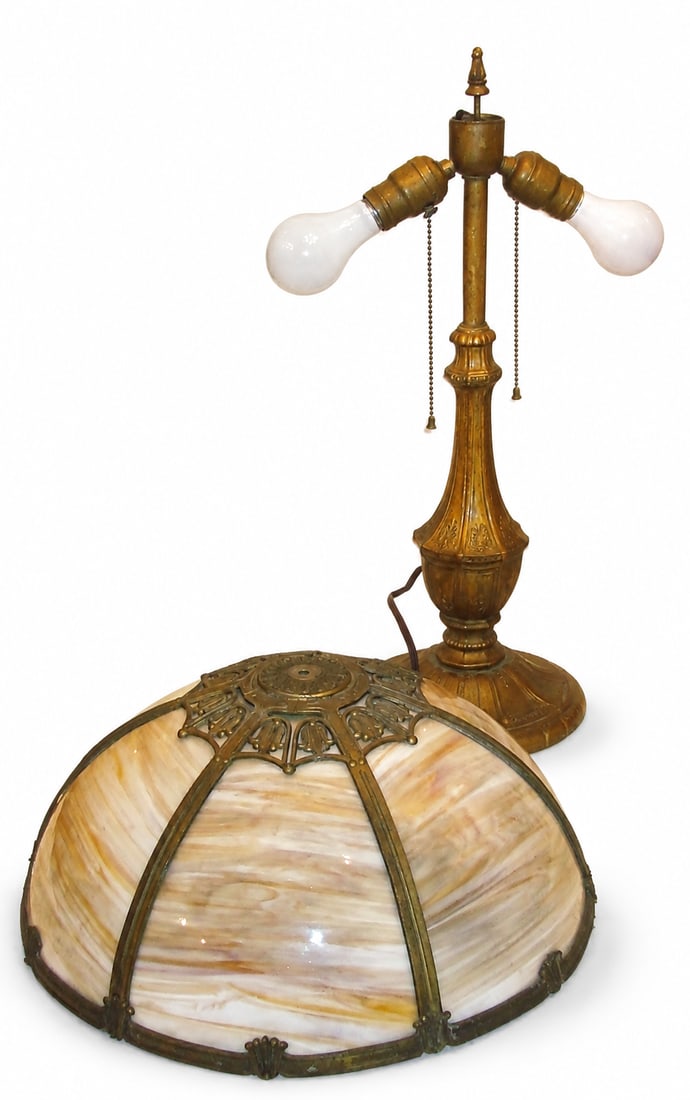 Vintage Amber Slag Glass Table Lamp With Ornate Metal Base - 3