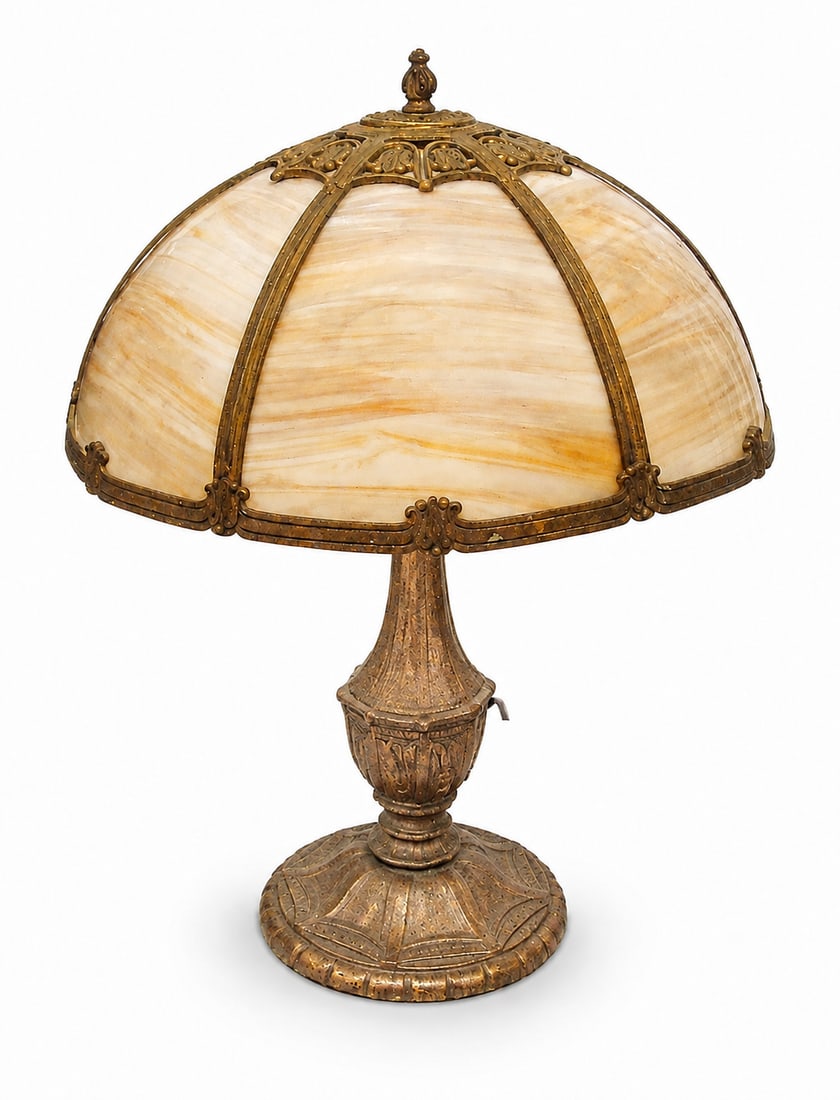 Vintage Amber Slag Glass Table Lamp With Ornate Metal Base - 5