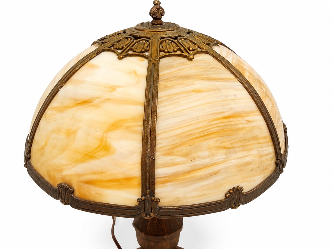 Vintage Amber Slag Glass Table Lamp With Ornate Metal Base - 7