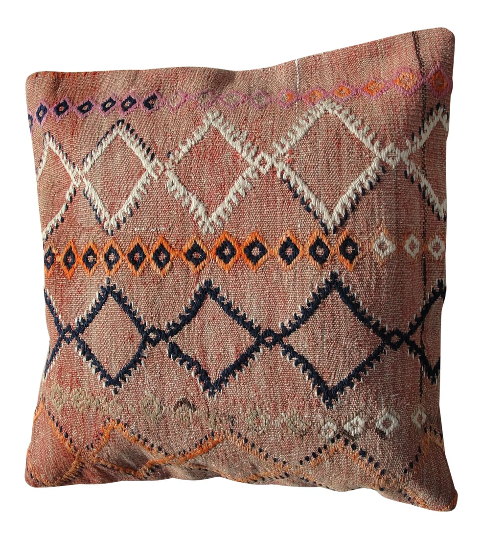 Kilim Rug Pillow: Kilim Rug Pillow Made from old turkish kilims Back side cotton and has closed with a solid hidden zipper size:24" x 24" It is ready to use. The colors come from vegetable dyes. less Condition: Condit