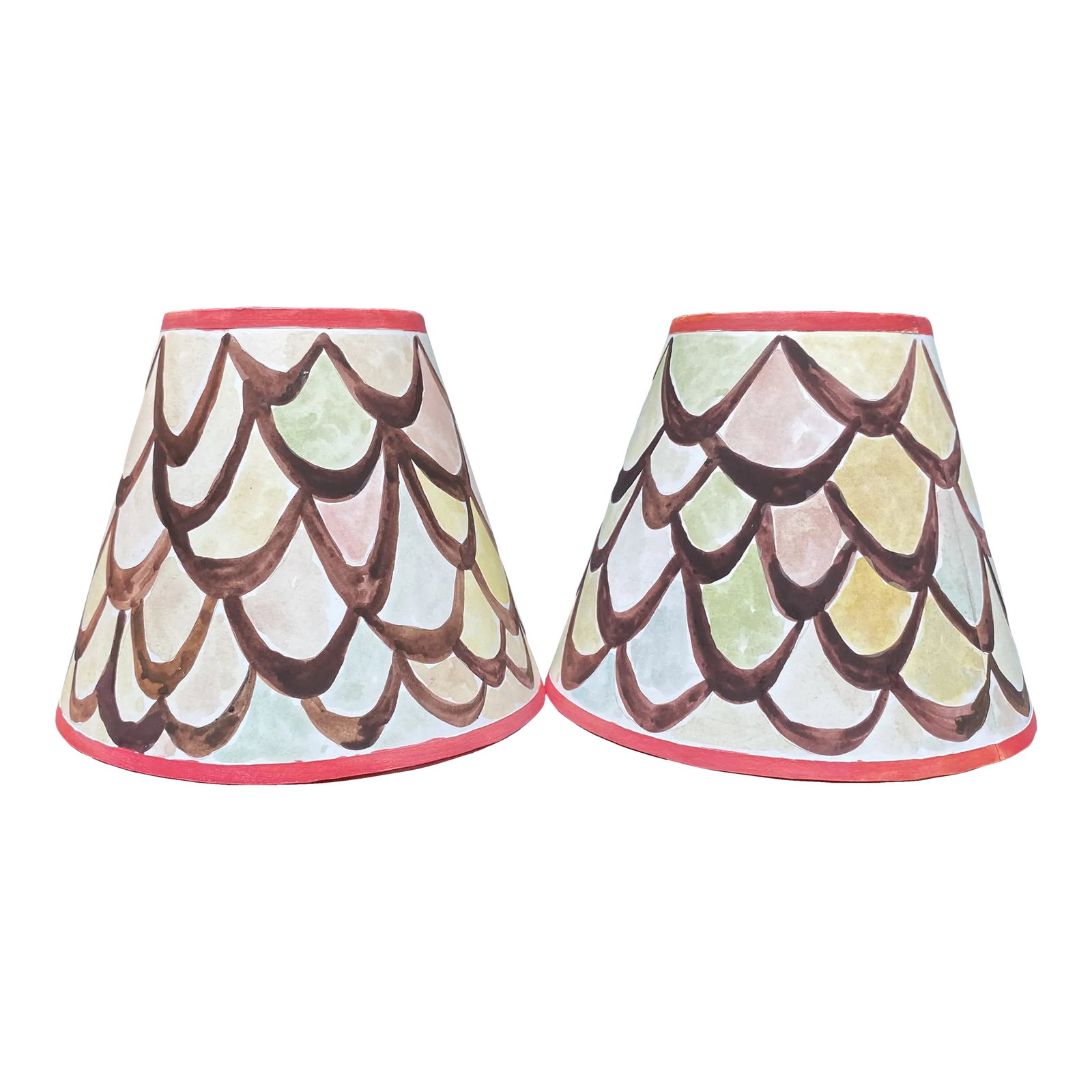 Happy Menocal Contemporary Hand Painted Bistro Lampshades - a Pair: Pair of mini bistro lampshades painted by Happy Menocal. 6" diameter at bottom, 3.75" diameter at top, 5.25" high Lamp bases are not included Condition: Imperfections: No Imperfections Origin: United