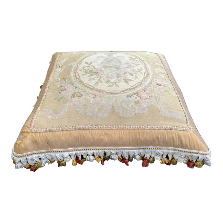 2000s Fine Hand-Woven Silk French Aubusson Style Pillow: Crafted with care, the gentle mix of beige and tan hues adds sophistication and warmth to your space. The delicate botanical patterns create a captivating look that's both calming and captivating.