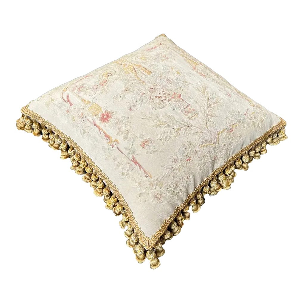 2000s Cream and Gold Tassel Hand-Woven Floral Silk Aubusson Pillow: This pillow is a true masterpiece, combining timeless beauty with sumptuous comfort. Crafted from the finest silk fabric, the cream-colored background exudes a sense of serenity and sophistication,